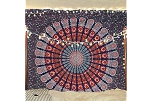 Bless International Tapisserie de literie murale indienne hippie bohème psychédélique paon mandala (bleu doré blanc, Taille King (88x104 pouces)(225x265 cms))