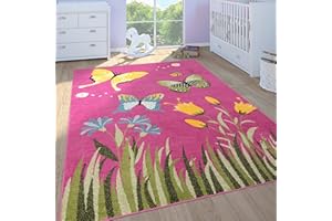Paco Home Childrens Rug Girls Childrens Bedroom Play Rug Short Pile Butterflies in Pink, Size:120x170 cm