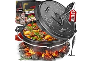 KESSER® Set forno olandese, Casseruola per barbecue, pentola in ghisa con manico per sollevare il coperchio e fessura per termometro, per barbecue, pentola per gulasch, uso esterno e interno