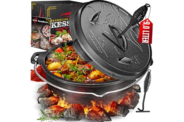 KESSER® Dutch Oven Set BBQ 9 litres, Marmite à feu avec pieds, Casserole en fonte avec anse pour soulever le couvercle et fente pour le thermomètre, marmite de cuisson
