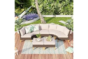 MFSTUDIO Garden Sofa Rattan Furniture Set, Updated Ribs, 20% Thicker than Others. CUSHION PRO FABRIC, Waterproof, Easy Clean, Anti Fouling. Outdoor Lounge Corner Sofa Set with Table Stool
