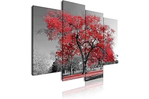 DekoArte 41 - Quadri moderni Stampa di Immagini Artistica Digitalizzata | Tela Decorativa Per Soggiorno o Stanza da letto | Stile Paesaggio Alberi Rossi Natura| 4 Pezzi 120 x 85 cm
