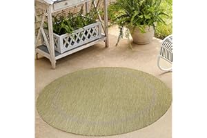 ‎HOMEBYHOME HomebyHome In & Outdoor Teppich Wetterfest Sisal Optik Grün 160 cm Rund - Balkon Teppich Wasserfest, Waschbar, Flachgewebe - Ideal für Küche, Camping, Garten und Terrasse