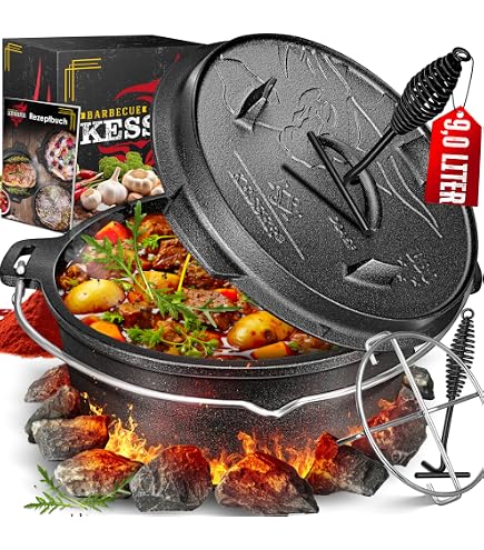 Grilllas Dutch Oven Set 9 Liter Incl. Receptenboek - Al Ingebrand Gietijzeren Braadpan Met Deksel & Lifter