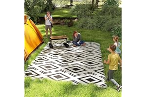 Outsunny Alfombra de Exterior 182x274 cm Alfombra Reversible con Patrón Geométrico de Rombos Impermeable Bolsa de Transporte para Terraza Balcón Patio Camping Playa Blanco y Negro