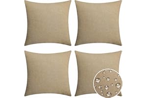 Home Brilliant Beige Outdoor Cushion Covers Set of 4, Decorative Waterproof Faux Linen Cushion Cover for Couch Bench Garden, 18inch, 45x45 CM, 4 Pcs, Linen