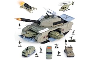XDUOYJOY Military Tank Toy Sets, Army Toys with 7 Vehicles, Army Men Trucks Helicopter Birthday Gift for Boys Age 4-7, Easy to Store