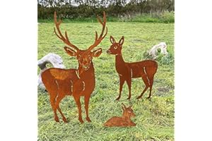 STEINFIGURENWELT GIEßEN Steinfigurenwelt Lot de 3 décorations de jardin en métal rouillé avec cerf et faon 117 cm