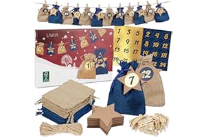 Calendrier de l'Avent à remplir, jute : Calendrier de l'Avent 2023 à remplir soi-même, jute - chiffres adhésifs, 24 sachets - pour enfants, LIVAIA