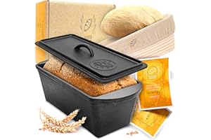 KRUSTENZAUBER Stampo per pane con coperchio incluso cestello per lievitazione – Robusto stampo da 28 cm in ghisa – ideale come stampo per scatola, pane tostato, stampo per pane, pentola in ghisa