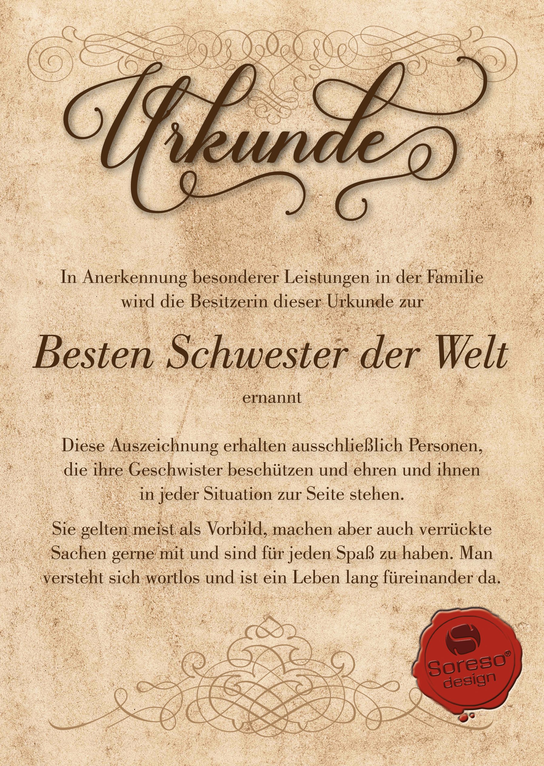 Urkunde für die Beste Schwester der Welt Geschenkkarte zum