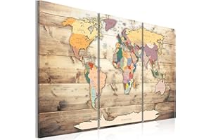 B&D XXL murando - Tableau décoration 135x90 cm 3 Parties - Déco avec un cadre en bois pour le salon - Tableau moderne sur toile pour une chambre tendance - Carte du monde - Vinrage - Bois k-C-0035-b-f