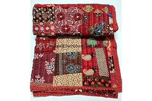 SAMBHAV QUILT HUB Red Indian Patchwork Decor Old Vintage Queen/King Size Embroidery Kantha Quilt Home Decorative Khambadiya Kantha Quilt Kantha Bedspread Indian Blanket Quilt with 2 Pillows Cover