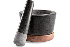 madeco Mortier avec pilon en granit sur socle en bois noyer Ø 14,5 cm – Idéal pour les épices, les herbes et les noix – Jeu de mortiers en pierre – Design granit mortier & pilon grand