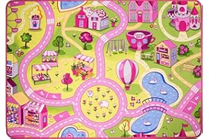 THE RUG HOUSE Children's Kids Girls Pink Rug Funfair Playmat for Nursery Playroom Bedroom Educational Creative Play Crawling Soft Durable Toddler Play Mat 95cm x 133cm
