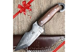 KEBONDS Hobby Hut HH-301, Coltello da Caccia in Damasco da 9.5"Fatto a Mano su Misura - Lama Fissa con Codolo Intero, Manico in Legno di Noce - Fodero in Cuoio