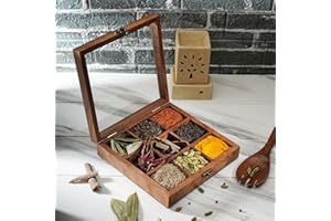 Ajuny Drewniane ręcznie wykonane indyjskie pudełko na przyprawy Masala Dabba ze szklaną pokrywką na górze, palisander Sheesham z 9 nieusuwalnymi pojemnikami i 1 łyżką pojemnika Masala, pudełko na