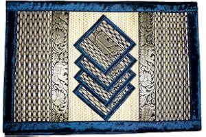 CCCOLLECTIONS Hand-Woven Wicker Reed Placemats and Coaster Set - Eco-Friendly Alternative to Plastic - Heat Resistant - Thai Style - Durable and Easy to Clean - Perfect for Dining Table Décor - Set of 4 (Large T2 Dark Blue (Striped))