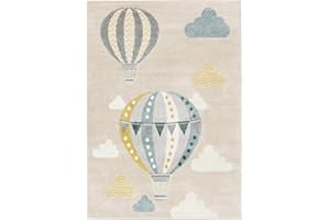 ‎RUGVISTA RugVista, Balloon Ride, Kinderzimmer Teppich, 140 x 200 cm, Kinderteppich für Kinder, Spielteppich für Babys, Modernes Design, Kurzflor, Keine schädlichen Stoffe, Beige/Blau