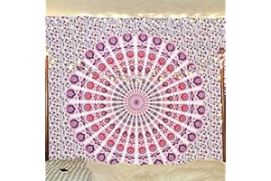 Bless International Indian hippie Bohemian Psychedelic Peacock Mandala Wall hanging Bedding Tapestry (Pink Blue, Queen (84x90Inches)(215x230Cms))