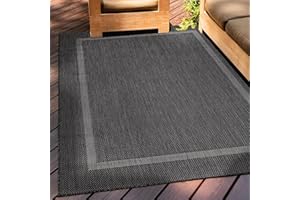 ‎TEPPIUM Teppium Outdoor Teppich Wetterfest 200x300 (200x290 cm) Schwarz Sisal Optik - Küchenteppich Waschbar rutschfest, Wasserfest, Bordüre, Pflegeleicht - Ideal für Balkon, Terassen, Garten, Camping, Küche