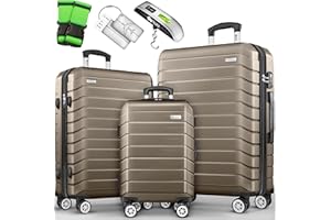 tillvex® Set di 3 valigie da viaggio + bilancia per bagagli, 6 cinghie per valigie e 3 etichette per bagagli, set da 4 ruote, trolley valigia TSA, serratura rigida M-L-XL, oro rosa