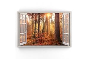 Estika - Lienzo Cuadros Ventana Vista - Puesta de sol, Bosque - 120x80 cm - 1 Pieza Mural, Cuadro sobre lienzo, Decoración Moderna para Salón Dormitorio - Cuadros Paisajísticos Naturales - 5965A_1B