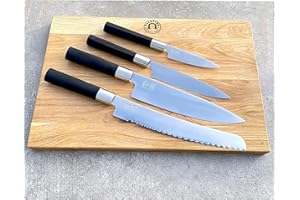 PALATINA WERKSTATT Set di coltelli ultra affilati Kai Wasabi Black | Coltello da cuoco 20 cm | spelucchino 10 cm | Coltello multiuso 15 cm | Coltello da pane 23 cm + tavola di quercia 40x25 cm, fatto a mano