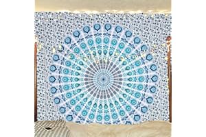 Bless International Indischer Hippie Bohemian Psychedelic Peacock Mandala Wandbehang Bettwäsche Tapisserie (Peacock Sky Blue, Queen (213x288Inches) (215x230Cms))