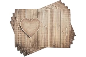 ABAKUHAUS Valentinstag Platzmatten, Rustikales Herz Planks, Waschbare Stoff Esszimmer Küche Tischdekorations Digitaldruck, Tan