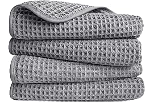 POLYTE Microfibre Lint Free Hand Towel, 40 x 76 cm, 4 Pack (Grey, Waffle Weave)