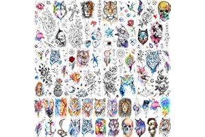 LAROI 31 Blätter Aquarell Bunt Temporäre Tattoos Kinder Frauen Männer, 3D Rose Blume Fake Tattoo Aufkleber Damen Klebetattoos Erwachsene, Planeten Stern Tiere Tattoos Tiger Wolf Löwe Einhorn Astronaut