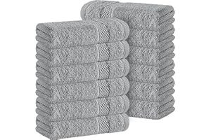 White Classic Luxury Cotton 12 Pc Flannel Set, Hotel Style Small Bath Towel and Face Cloth 33x33 cm, Light Grey Soft Plush Flannels Pack of 12, Thick High Absorbent Wash Clothes, Face Towels