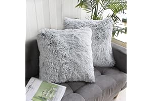 Uhomy 2 Packs Fluffy Plush Pillow Cover 20"x20", Fall Winter Home Decorative Luxury Gray Soft Fuzzy Faux Fur Throw Pillow Cover Cushion Case for Sofa Bed, Gray Ombre 50x50 cm Two Sides Fur
