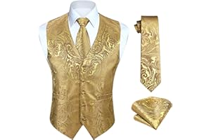 HISDERN HISDEREN Hommes Paisley Gilet Floral Jacquard cravate poche carre mouchoir fete de mariage affaires Fit gilet costume ensemble XS-6XL