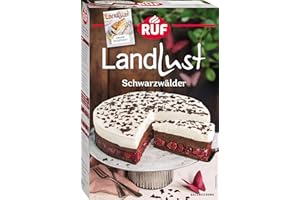 ‎RUF RUF Landlust Schwarzwälder Kirsch Torte, Backmischung für klassischen Kuchen mit Zartbitterschokoladenraspeln, schnell & einfach zubereitet, inkl. gratis Rezeptheft