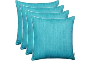 Brandsseller Outdoor Garten Kissen Dekokissen mit Paspel - Leinenoptik Uni Schmutz- und Wasserabweisend mit Reißverschluss - 45 x 45 cm - 4er Set - Türkis