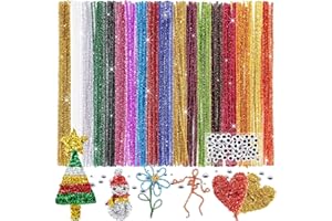Caydo 200 Pieces Glitter Pipe Cleaners with 100 Pieces Wiggle Eyes 14 Colors Sparkle Chenille Stems for DIY Art and Crafts Creative Projects