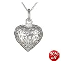 Silver Filigree Open Heart Pendant 18"Curb
