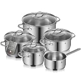 WMF Provence Plus - Batería de Cocina 9 Piezas, Acero Inoxidable Apto para Inducción, 1 Cacerola Baja de 20 cm, 3 Cacerolas Altas de 16 cm, 20 cm y 24 cm, 1 Cazo 16 cm con 4 Tapas de Cristal