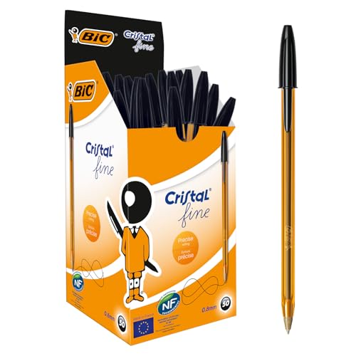BIC Penne Nere a Sfera, Cristal Original Fine, Punta Fine (0.8 mm), Confezione da 50 Penne…