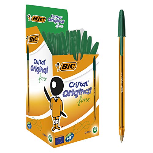 BIC Długopisy Cristal Original Cienka Końcówka, Zielony, Opakowanie 50 Sztuk
