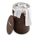 Relaxdays cesto ropa sucia redondo con tapa de bambú 70L plegable