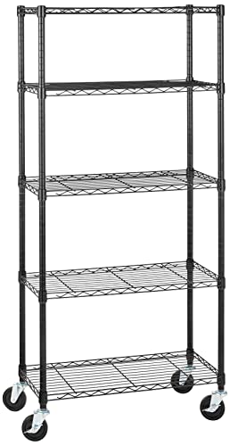 Regał magazynowy z 5 półkami, na kółkach, max waga 680kg, czarny, 35,6cm x 76,2cm x 162,2cm (GNC możliwe 118,69)
