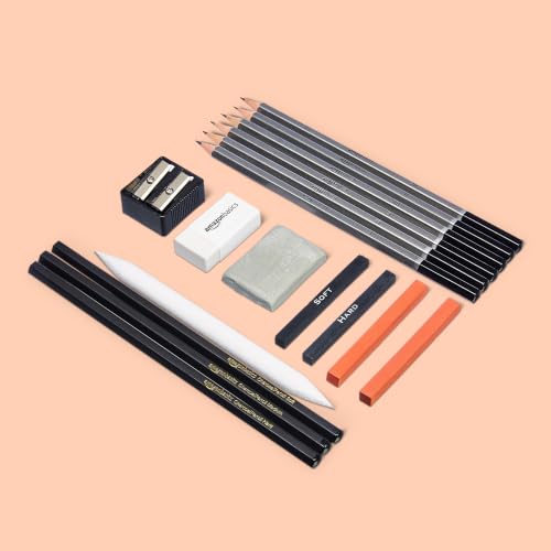 Amazon Basics 17-częściowy zestaw do szkicowania (ołówki, pisak, węgiel, temperówki, gumki) 3,74€