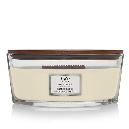 WoodWick Ellipse Candela Profumata  Island Coconut  con Stoppino Scoppiettante  Durata della Combustione: Fino a 50 Ore