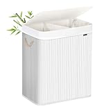 SONGMICS Cesto Ropa Sucia 100L Bambú Plegable con Tapa y Asas, Cesta de Lavandería Grande, Beige LCB03NL
