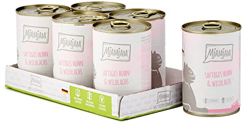 MjAMjAM - mokra karma dla kotów - soczysty kurczak i dziki łosoś, 6 x 400 g, bez zbóż z dodatkowym mięsem | ewentualnie...