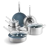 GreenPan Treviso Juego de 10 Ollas y Sartenes de Acero Inoxidable con Revestimiento de Cerámica Antiadherente, Incluye Sartén Cacerola y Ollas, Sin PFAS, Apto para Inducción, Horno y Lavavajillas, Gris