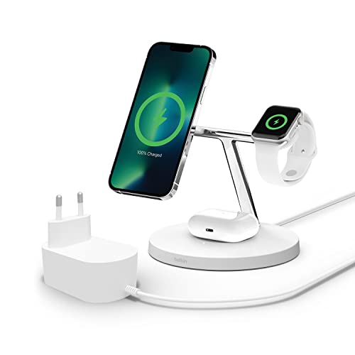 Belkin Caricabatterie wireless 3 in 1 con MagSafe, caricatore wireless rapida per iPhone (15 W) e per Apple Watch, stazi